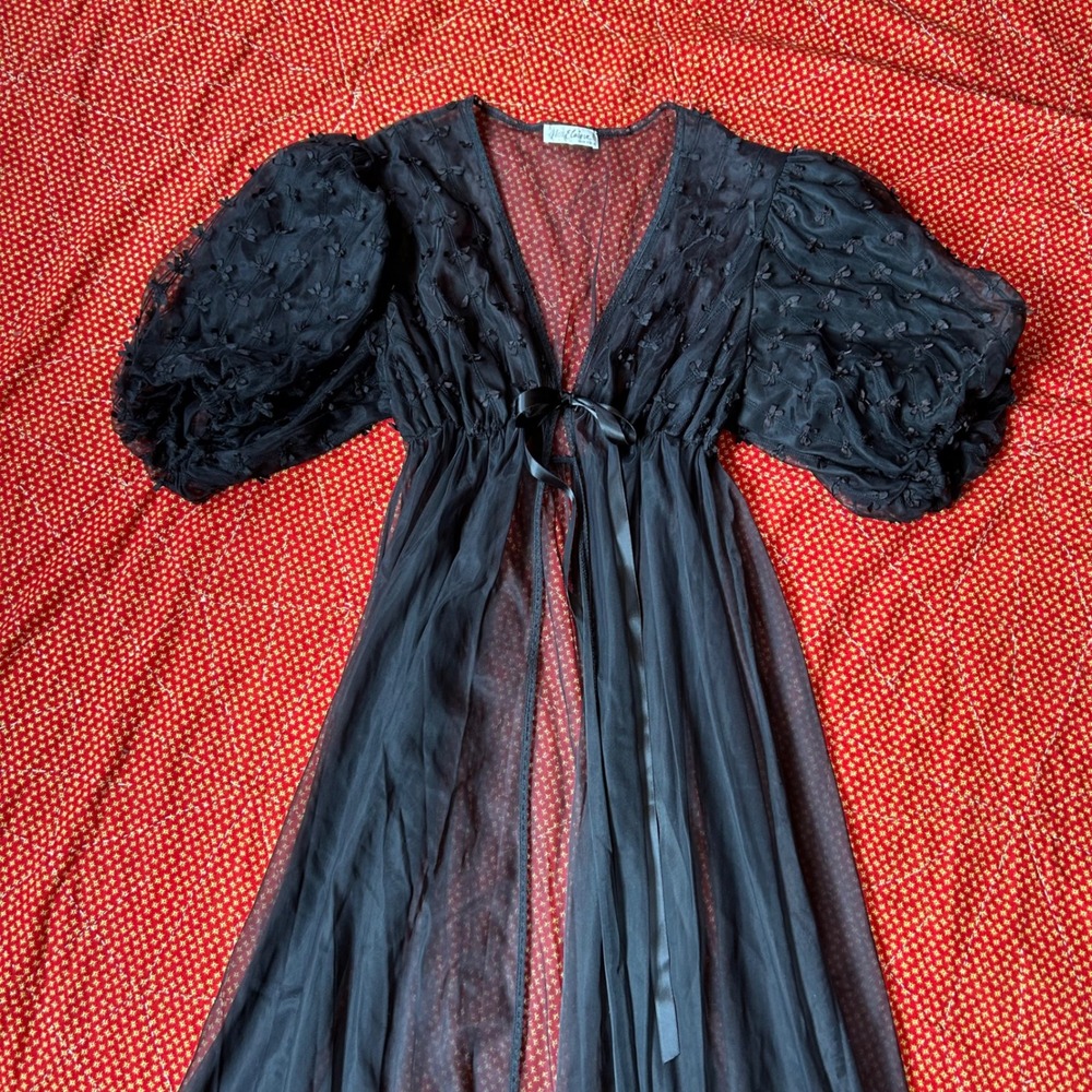 Vintage Miss Elaine Black Sheer Nylon Maxi Robe Peignoir Puff Sleeve Bows Large - Picture 3 of 9